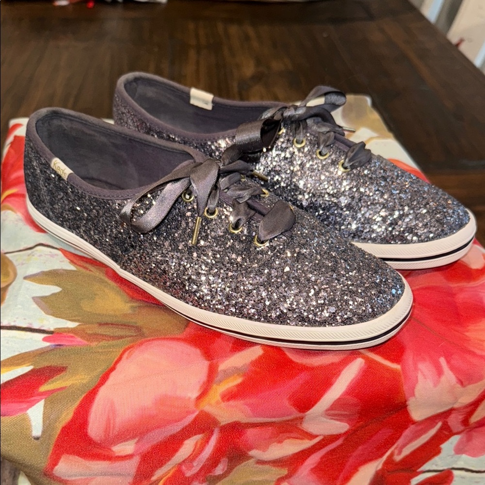 kate spade Glitter Ribbon Lace Keds Sneakers in Silver